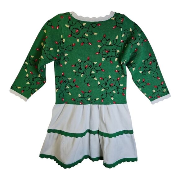 Kids4ever Green & White Christmas Light Print Sweater Dress White Skirt Size 6/7 - Picture 7 of 7